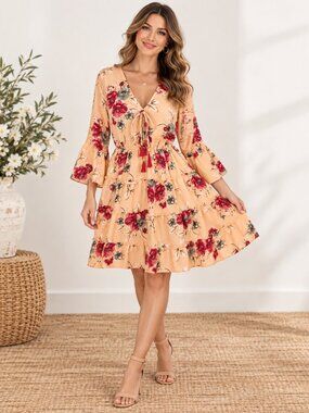 Manaar Salmon Floral Boho Dress Tassel Tie V-Neck One Size